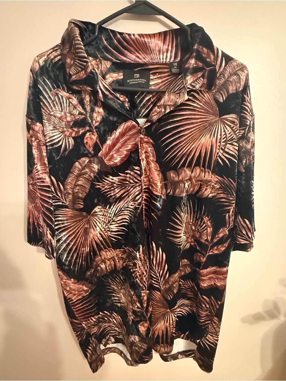 Scotch & Soda Black Button-Down Shirt with Copper Tropical Leaf Print